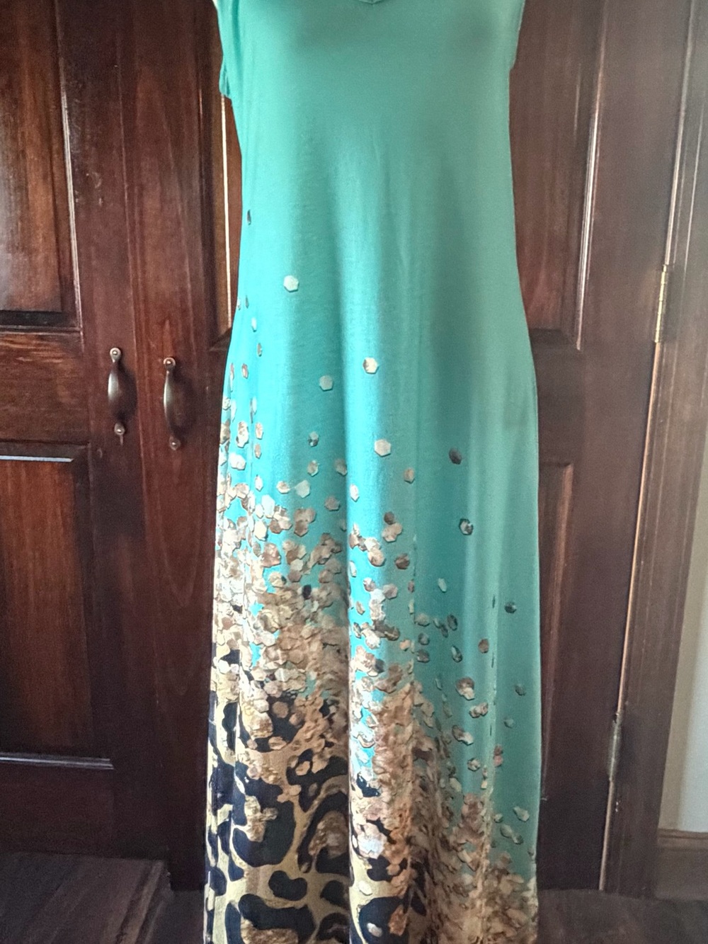 Sleeveless Teal Maxi Dress with leopard print Accent